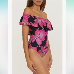 Trina Turk Fleury Pink/Black Floral Print Off The Shoulder Ruffle One Piece Sz 6